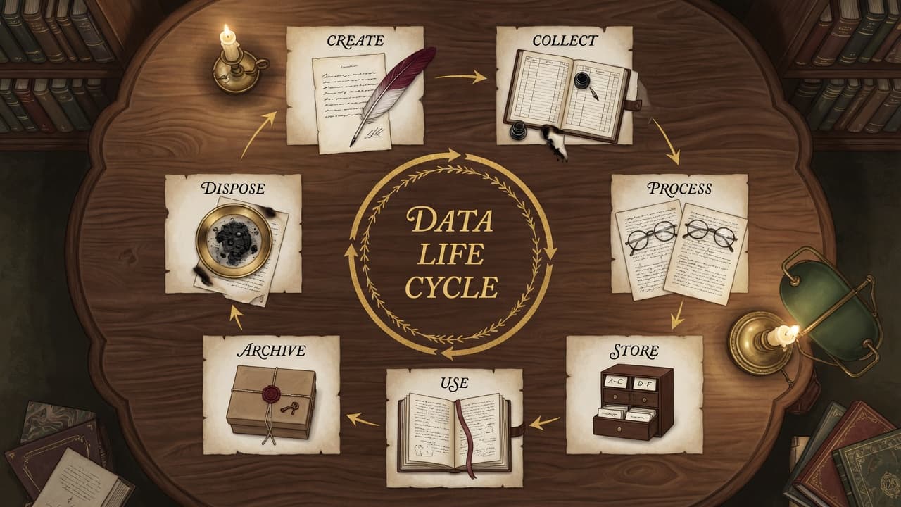 Dark academia desk cycle — CREATE through DISPOSE around DATA LIFE CYCLE