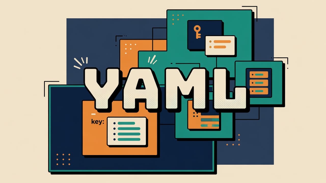Bold 2D pop art with the word YAML and nested flat shapes