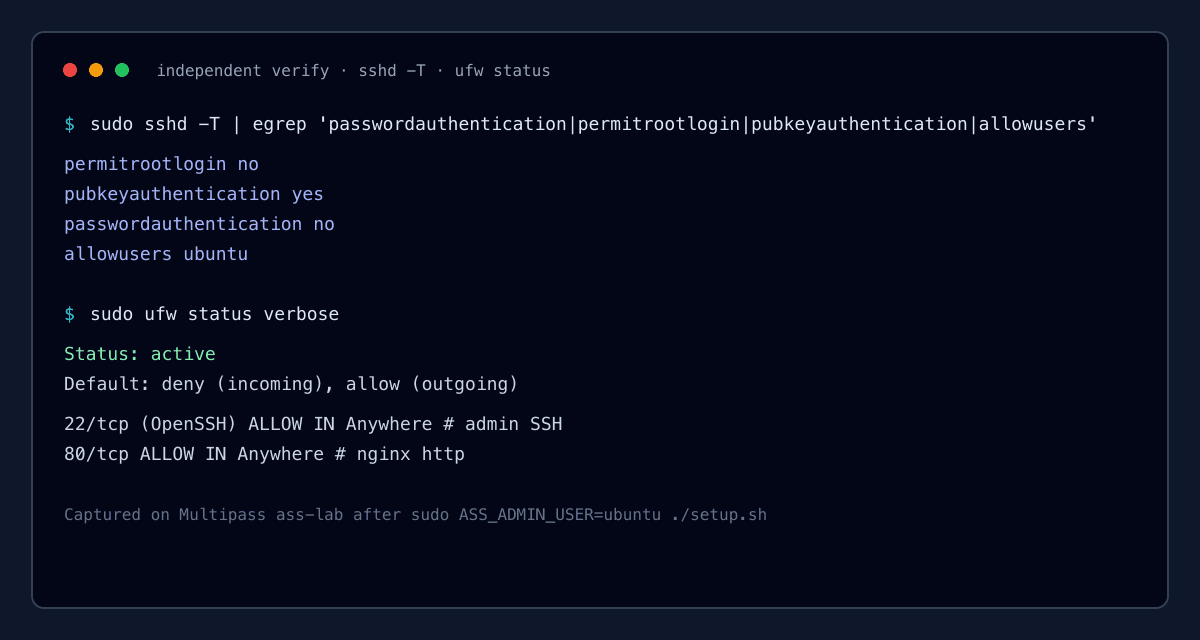 Terminal capture of sshd -T hardening flags and ufw active allow rules