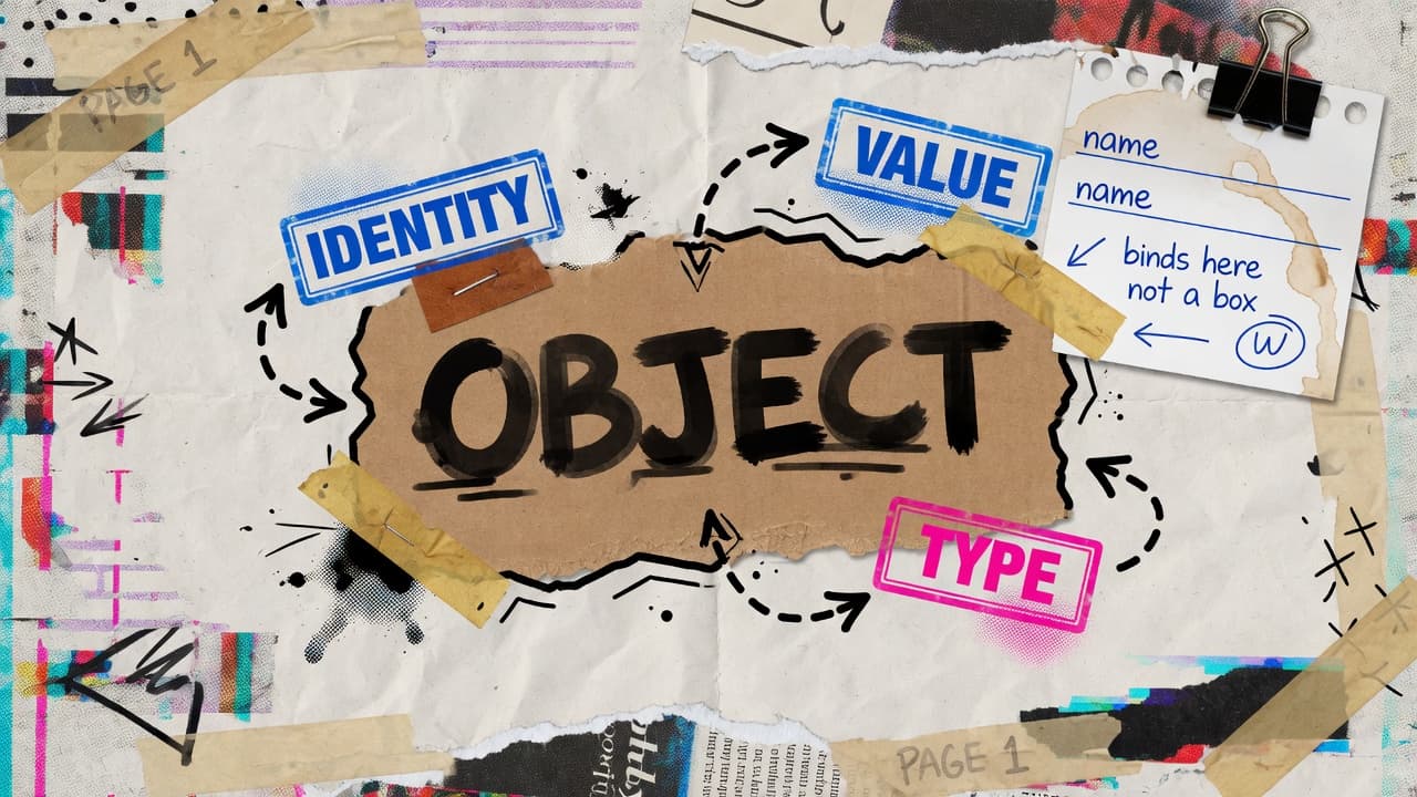Zine collage — Python object as identity, type, and value with a name binding